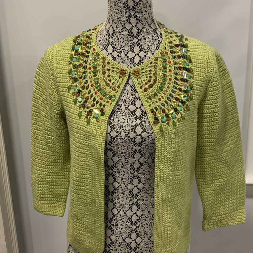 Cynthia Steffe Green Cardigan Sweater with Embellished Neckline